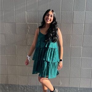 Green sparkly spaghetti strap dress